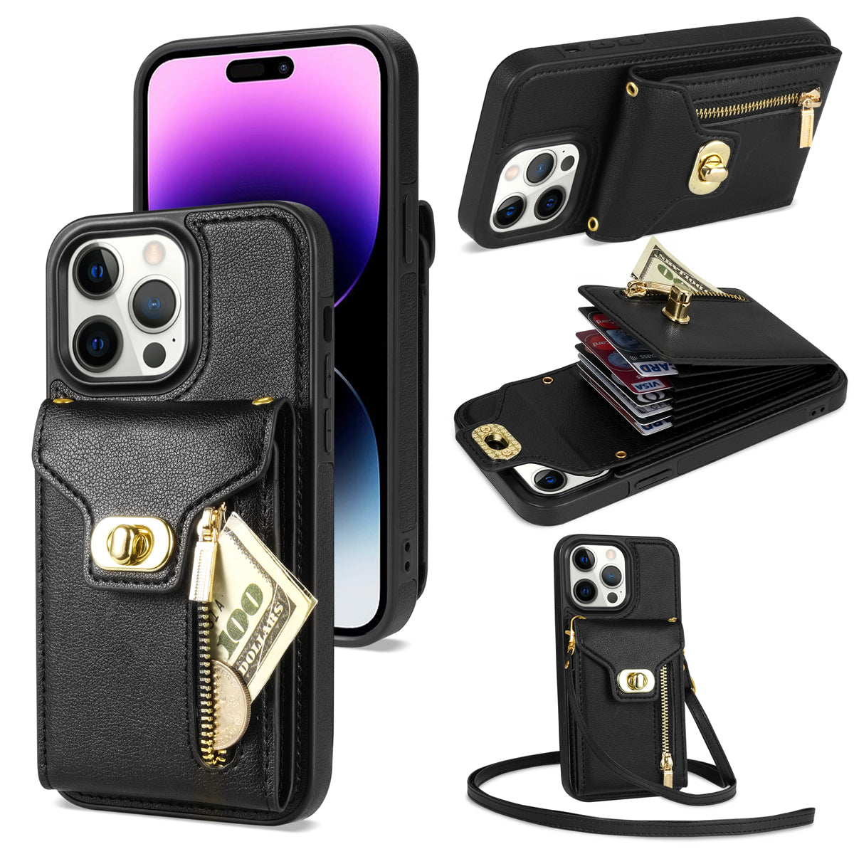 Kickstand-etui til iPhone 14 Pro Lynlåslomme PU-læder TPU-telefoncover med kortholder Kickstand-etui til iPhone 14 Pro Lynlåslomme PU-læder TPU-telefoncover med kortholder